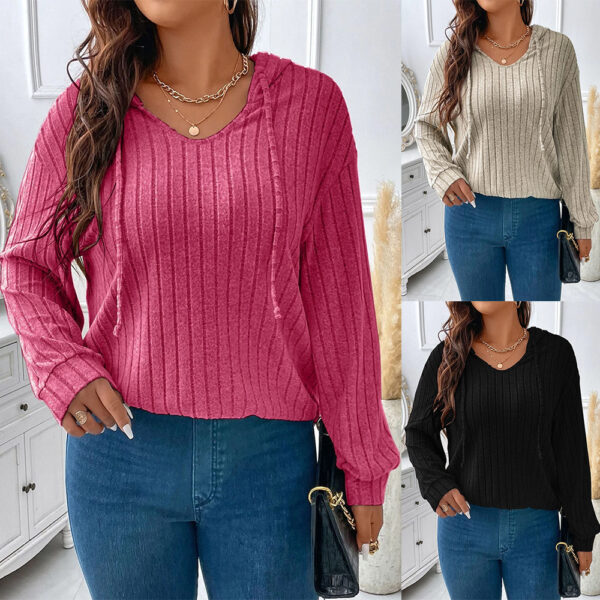 Women's V-neck Hooded Long-sleeved Sunken Stripe Brushed Top - Image 6