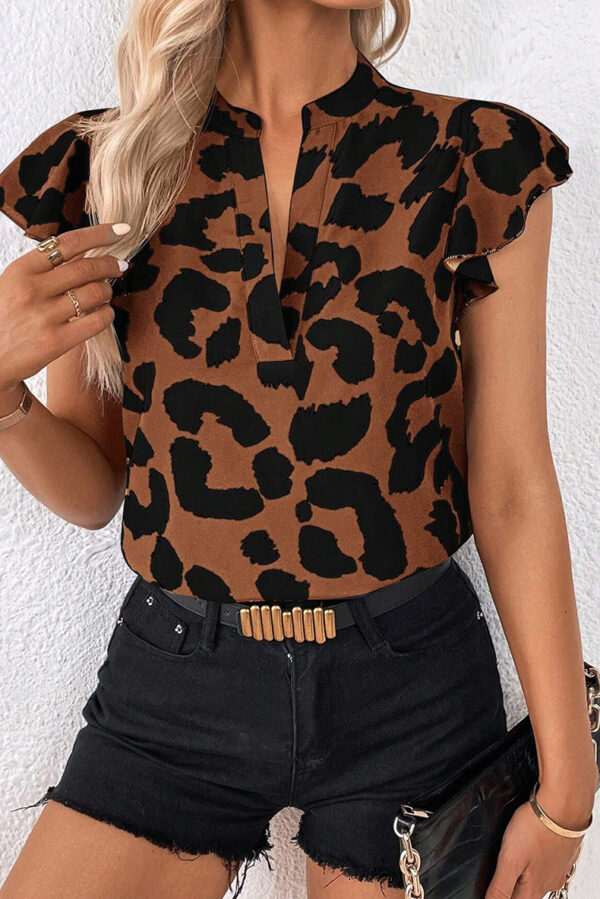 Leopard Print Pullover Chiffon Shirt Contrast V-neck Drop Shoulder Short Sleeve - Image 3