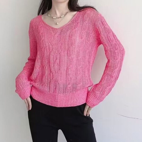 Crocheted Hollow Out V-neck Jacquard Micro-transparent Long-sleeved Sweater - Image 5