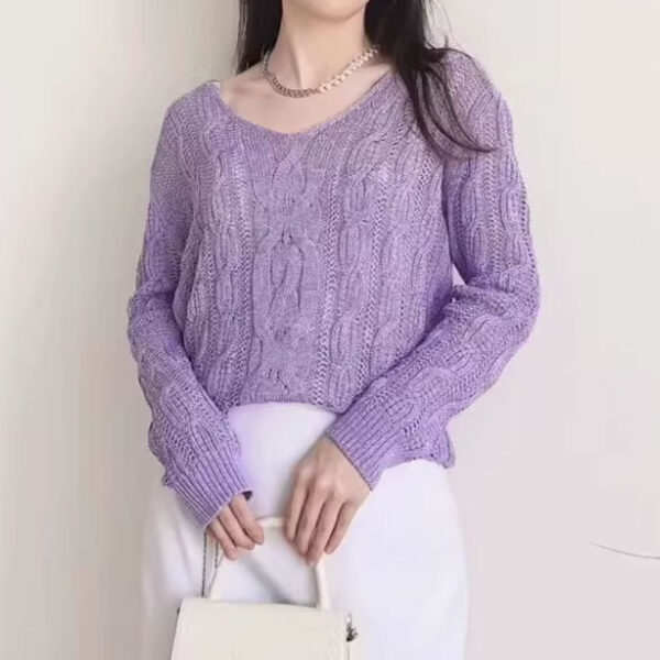 Crocheted Hollow Out V-neck Jacquard Micro-transparent Long-sleeved Sweater - Image 3