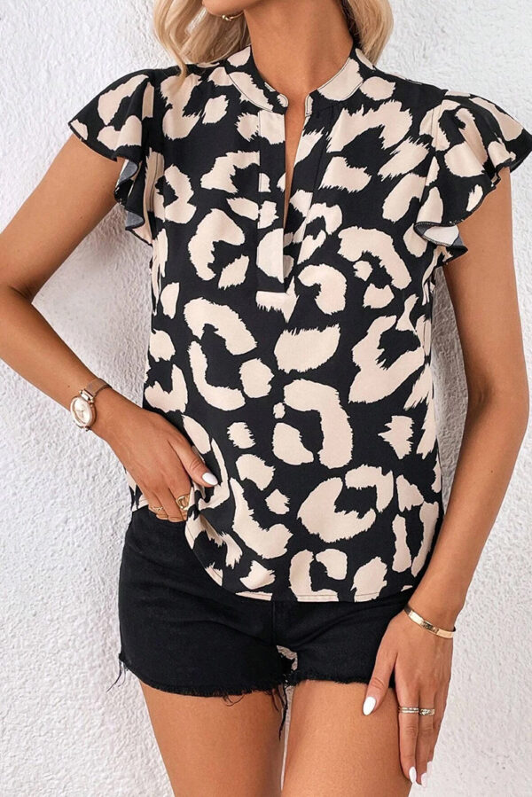 Leopard Print Pullover Chiffon Shirt Contrast V-neck Drop Shoulder Short Sleeve - Image 5