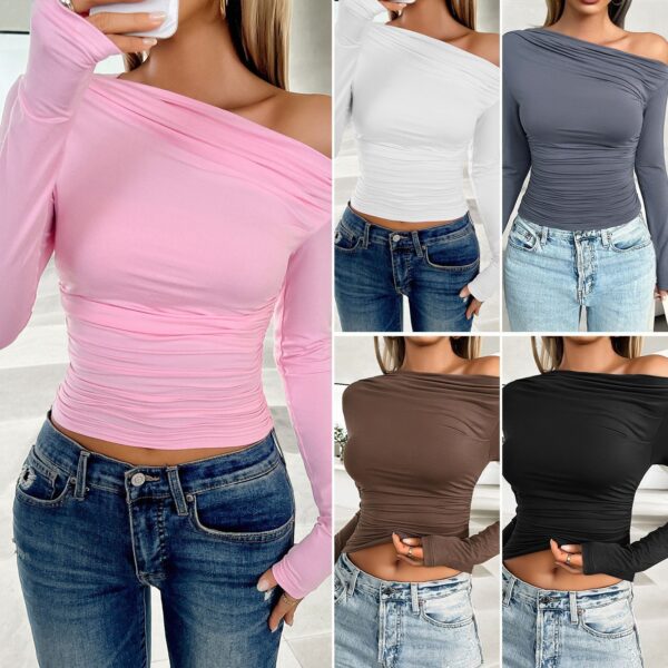 Casual Slim-fit Solid Color Diagonal Collar Pullover Top