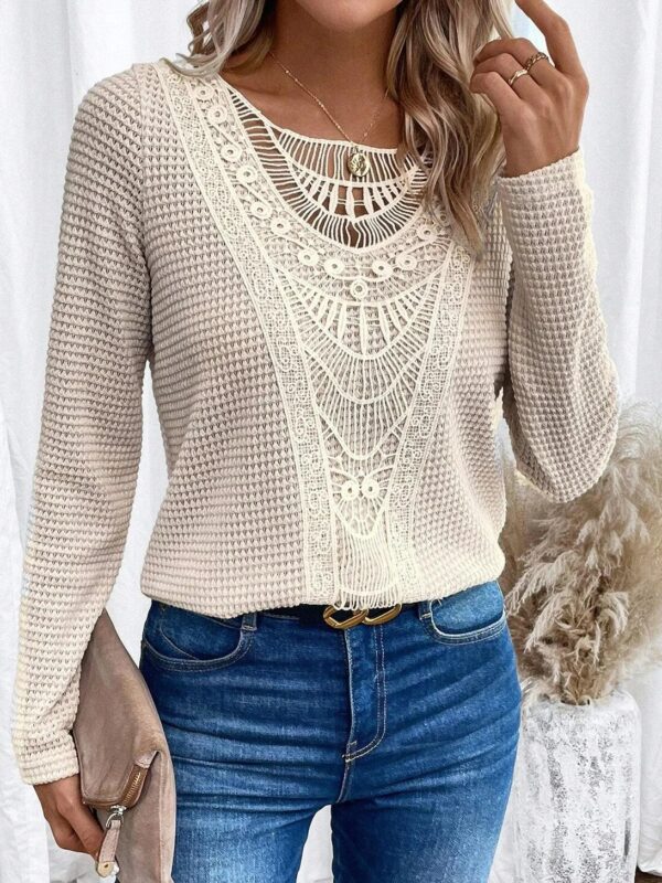 Lace Patchwork Round Neck Women's Long-sleeved T-shirt - Image 3