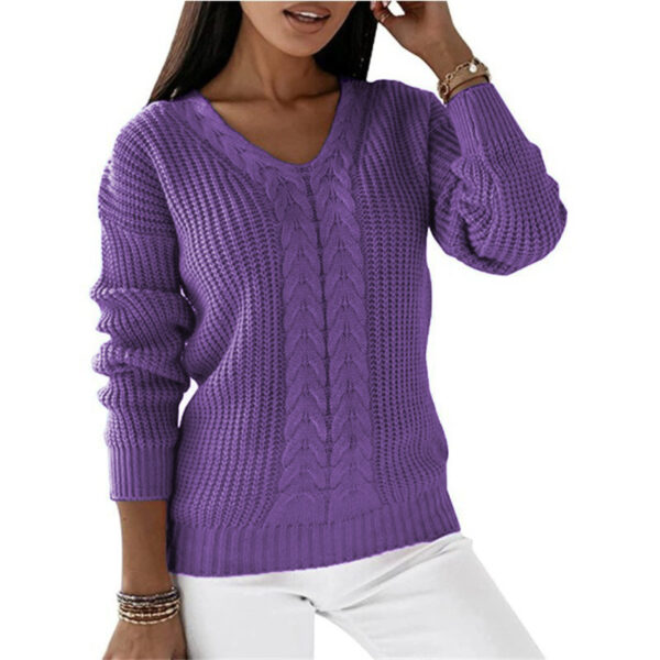 Long-sleeved V-neck Solid Color Twist Casual Knitted Pullover Top - Image 5