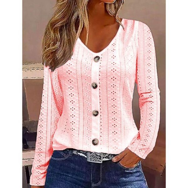 Women's Solid Color Jacquard V-neck Buttons Long-sleeved Top - Image 9