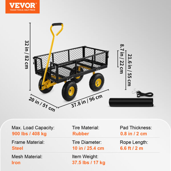 VEVOR Steel Garden Cart, Heavy Duty 900 Lbs Capacity, With Removable Mesh Sides To Convert Into Flatbed, Utility Metal Wagon With Rotating Handle And 10 In Tires, Perfect For Garden, Farm, Yard - Image 4