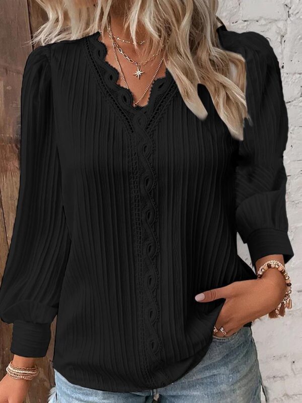 Long Sleeve V-neck Lace Patchwork Shirt - Image 10