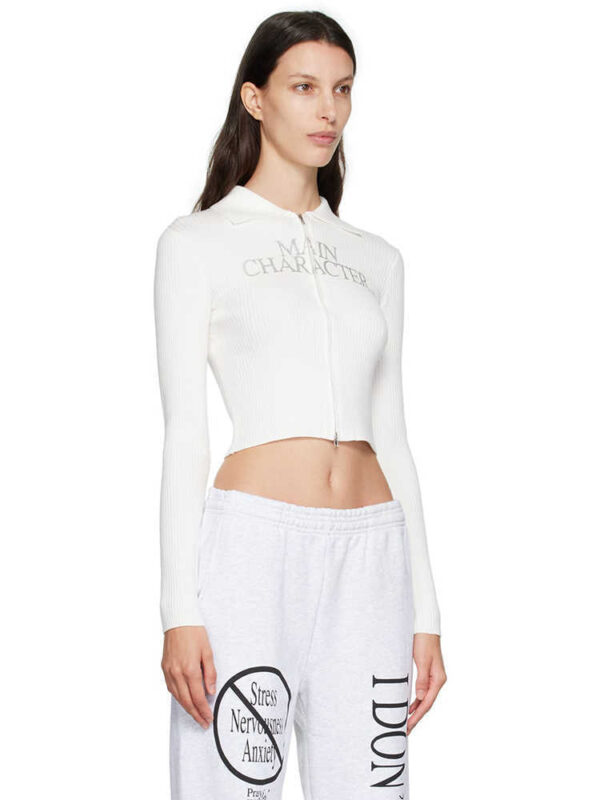 White With Printed Pattern Knitted Double Zipper Jacket - Image 3