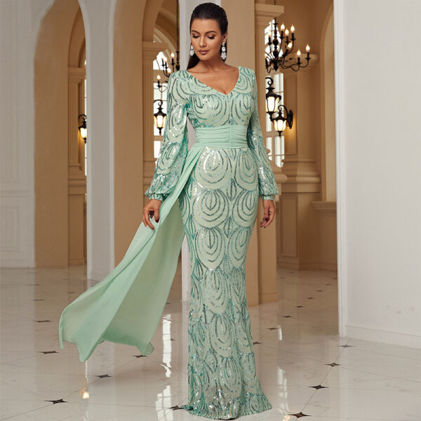 Long Sleeve Sexy Long Sequined V-neck Banquet Ribbon Evening Dress - Image 6