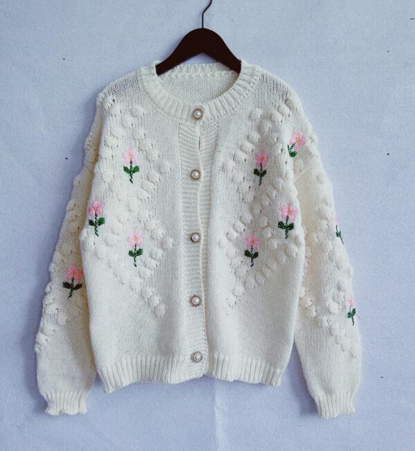 Handmade Crocheted Embroidery Twist Pearl Buckle Knitted Sweater Cardigan Coat - Image 5