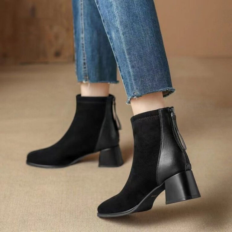 French Style Suede Boots Chunky Heel Thin Women's