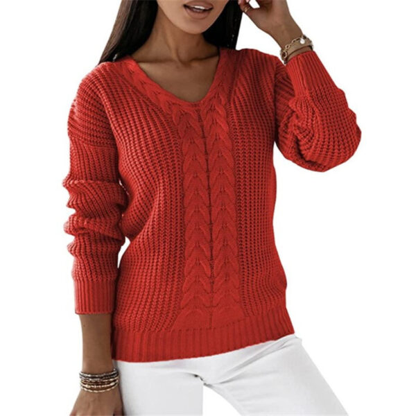 Long-sleeved V-neck Solid Color Twist Casual Knitted Pullover Top - Image 3