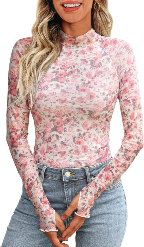 High Collar Long Sleeve Lace Floral Mesh - Image 7