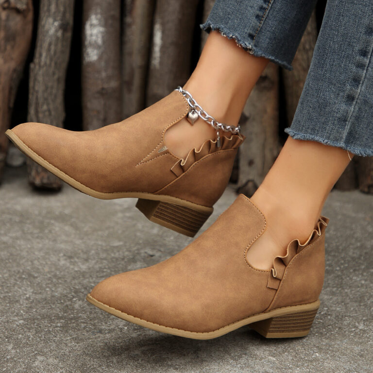 Flat Chunky Heel Fashion Shoes Women's Solid Color Pointed Martin Boots - Image 2