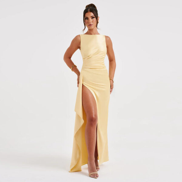 Fashion Slim Sleeveless Backless Satin Pleated High Slit Long Dress - Image 2