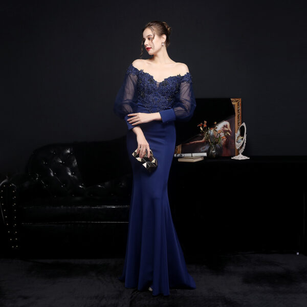 Full Craft Lace Hot Long-sleeved Evening Dress Tail Skirt - Image 2