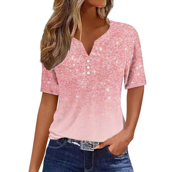 Women's Floral Printed V-neck Short Sleeve Button T-shirt - Image 8