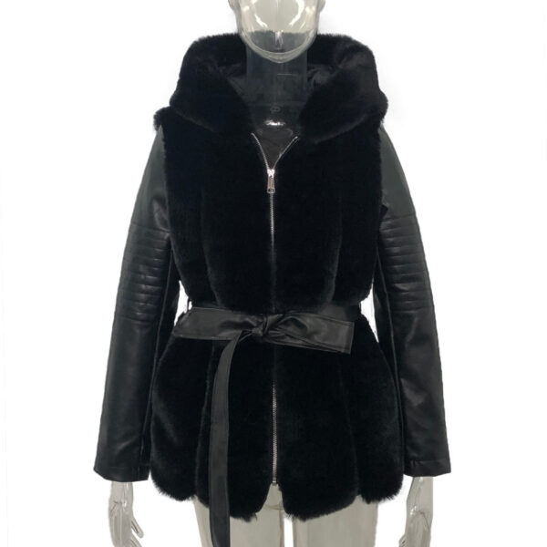 New Style Fur Belt Belt Hooded Zipper Jacket Women's Clothing - Image 4