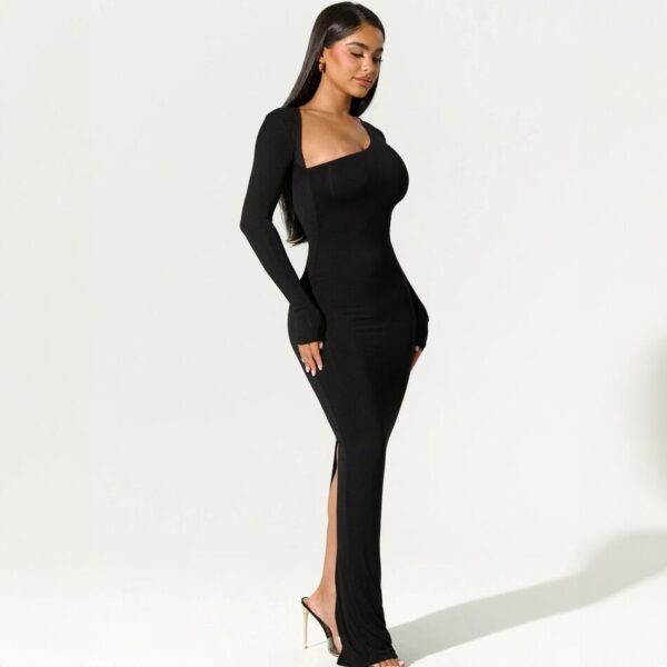 Long-sleeved Slim-fit Dress With Sloping Neck And Slit Back - Image 3