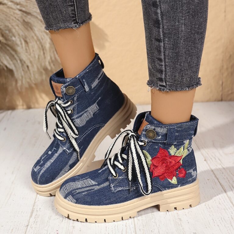 Lace-up Canvas Boots Fashion Rose Embroidered Shoes Round Toe Thick Heel Short Boot Women - Image 5