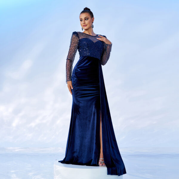 Mesh Sequins Velvet Banquet Fishtail Evening Dress - Image 2