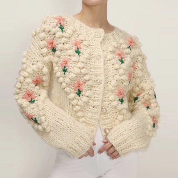 Handmade Crocheted Embroidery Twist Pearl Buckle Knitted Sweater Cardigan Coat - Image 2