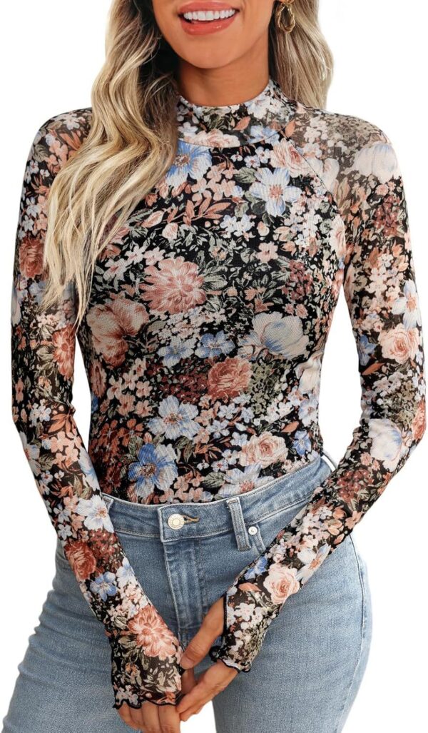 High Collar Long Sleeve Lace Floral Mesh - Image 8