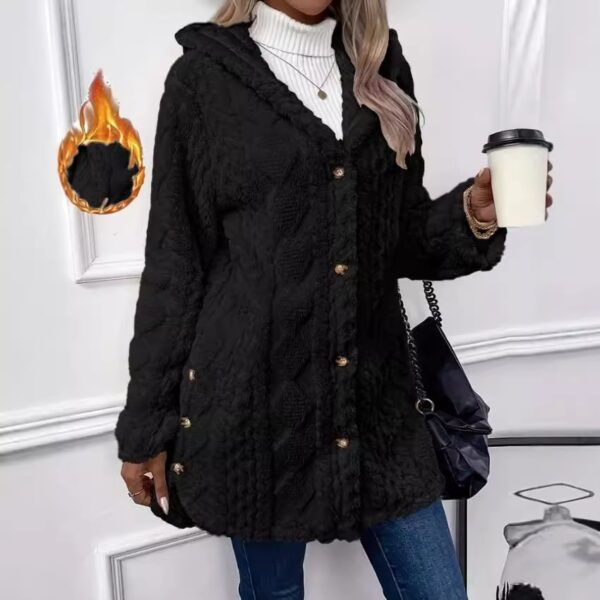 Hooded Cardigan Button Long Jacket Winter Solid Color Long Sleeve Coat - Image 9