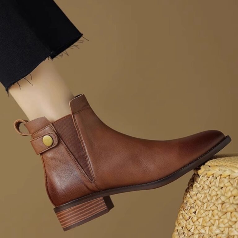 Soft Leather And Velvet Ankle Boots Flat Ankle Boots Mid Heel Round Head Chelsea - Image 4