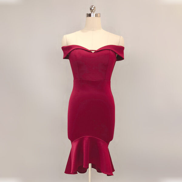 New Fishtail Wedding Dress Spring Mid-length One-shoulder Red Sexy Evening Gift - Image 3