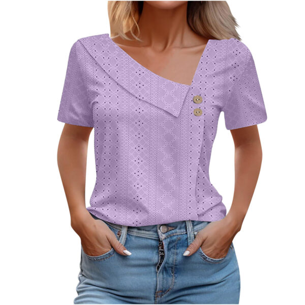 Summer V-neck Button Solid Color Loose Women's Short Sleeved T-shirts - Image 10