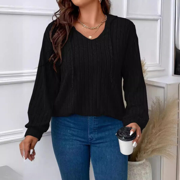 Women's V-neck Hooded Long-sleeved Sunken Stripe Brushed Top - Image 8