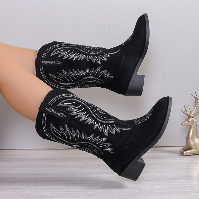 Autumn Embroidery Chunky Heel Below The Knee Pointed Toe Long Boots Women - Image 5