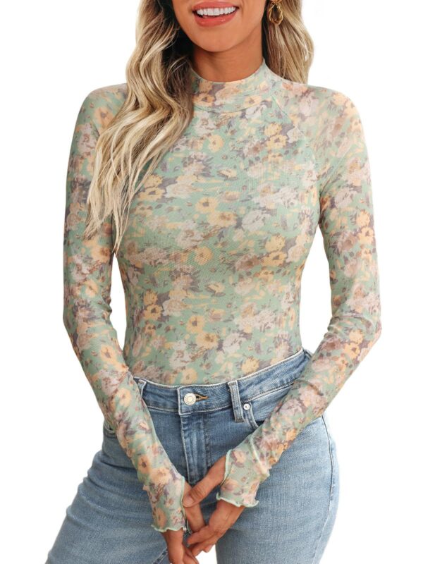 Floral Mesh Round Neck Long Sleeve Mesh With Thumb Hole Fashion Autumn Undershirt - Image 3