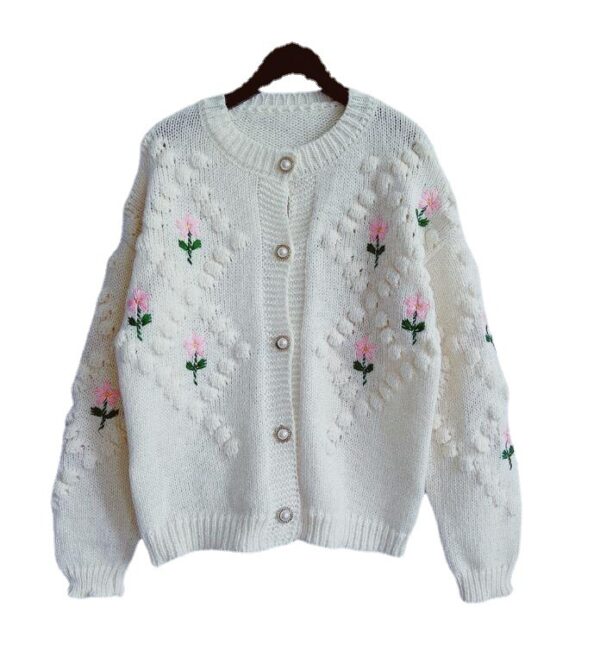 Handmade Crocheted Embroidery Twist Pearl Buckle Knitted Sweater Cardigan Coat - Image 6