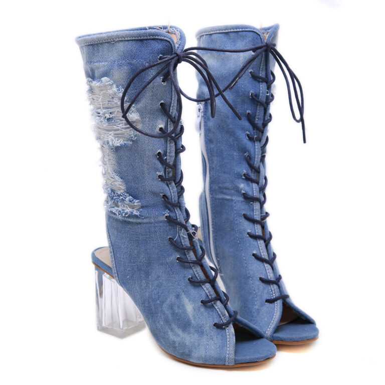 Thick-heeled Denim Mid-tube Boots High-heeled Fish Mouth Strap High-heeled Sandals - Image 3